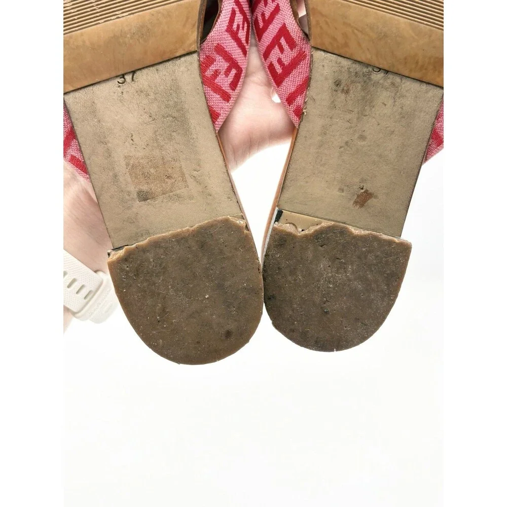 Fendi Brown Leather Sandals w/ Pink FF Logo Zucca Print Strap Vintage Size EU 37